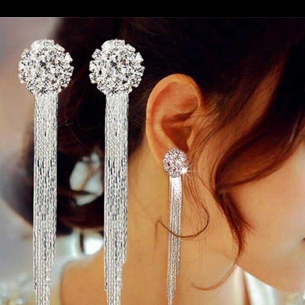 + Long Silver Diamond Tassel Earrings